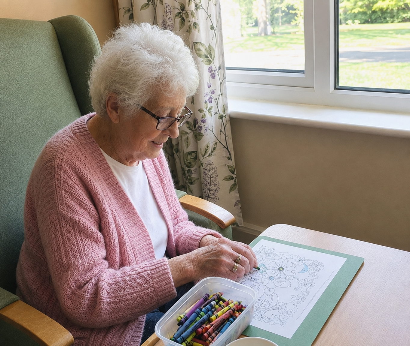 An older woman in a pink cardigan sitting in a green armchair, colouring at a table by a window with afternoon light