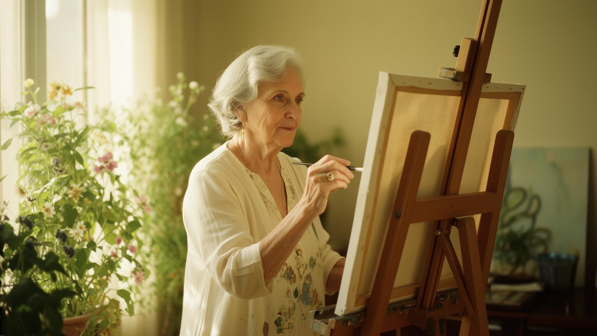 An older woman painting at an easel in a sunlit room beside flowering plants